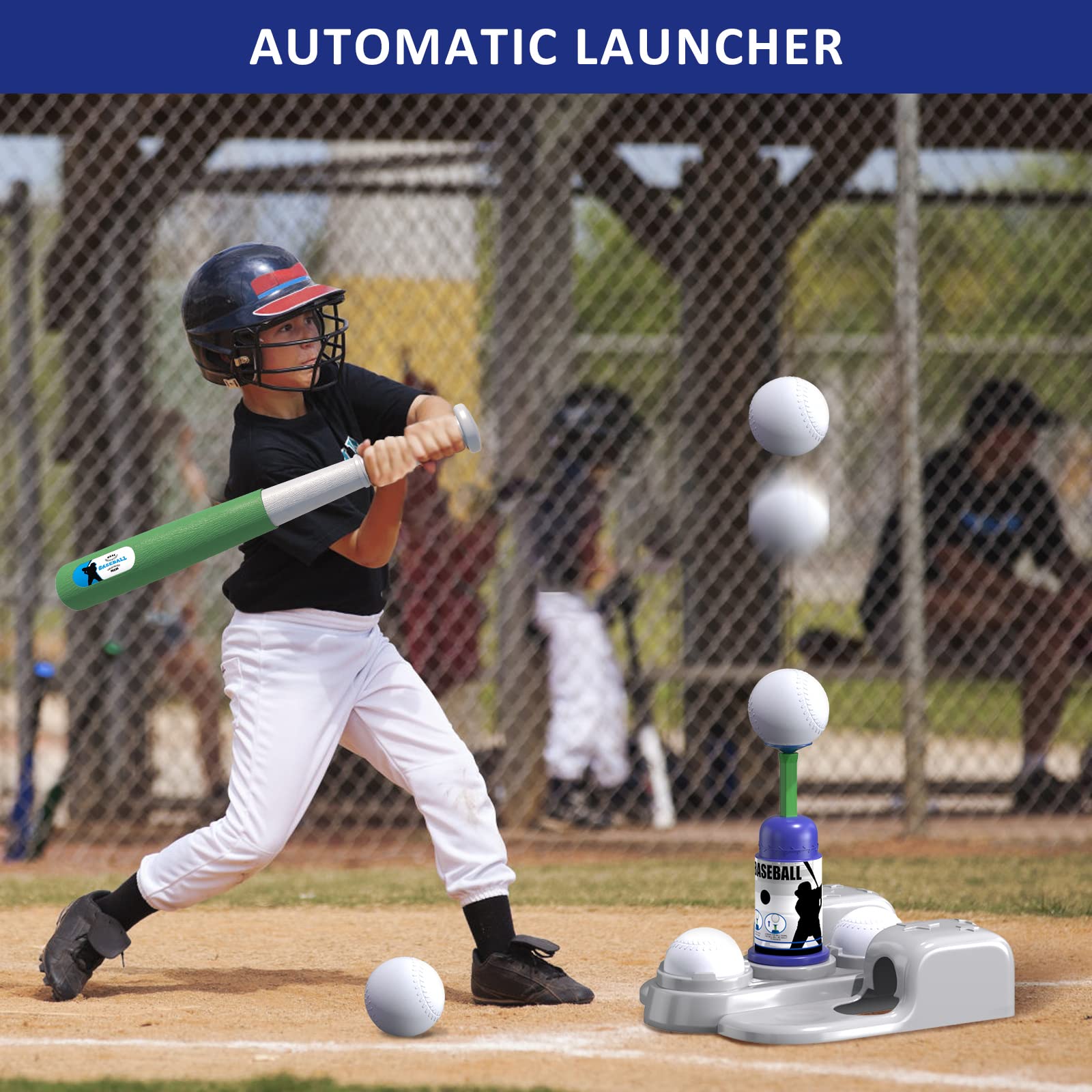 QDRAGON 2 in 1 T Ball Sets for Kids 3-5 5-8, Tee Ball Set with Automatic Pitching Machine/Adjustable Batting Bat & Stand/6 Balls, Baseball Toys Outdoor Sport for Toddlers Boys, Blue