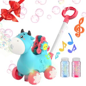 bubble machine for kids indoor outdoor toddler toys - girls boys birthday electronic bubble blower maker - preschool push toys - music & light (2 bubble bottles / blue)