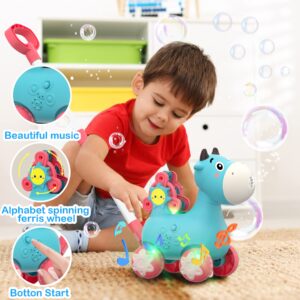 Bubble Machine for Kids Indoor Outdoor Toddler Toys - Girls Boys Birthday Electronic Bubble Blower Maker - Preschool Push Toys - Music & Light (2 Bubble Bottles / Blue)