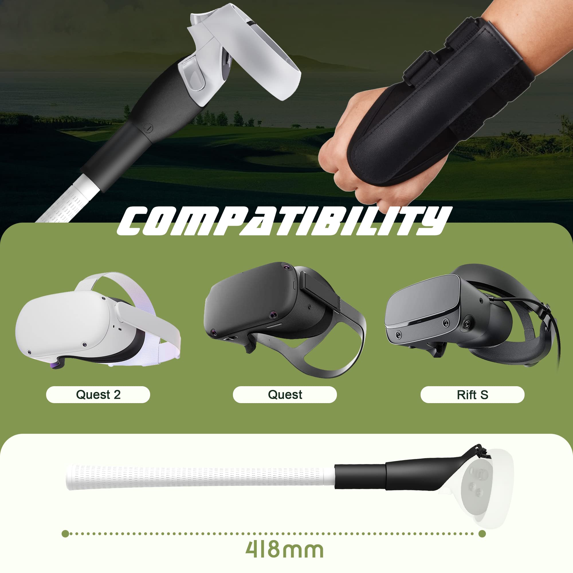 (1 + 1) Ermorgen VR Golf Club Compatible for Quest 2, Controller Handle Grip, Wrist Immobilizer Correction Strap, VR Extension Accessories for Enhanced Gaming Experience Quest 2, White