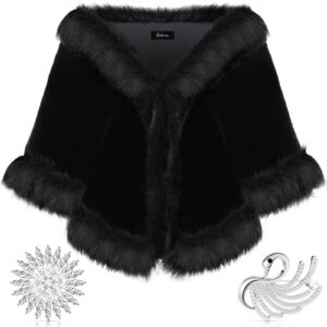 1920s Faux Fur Wrap Shawl Women's Fur Cloak Cape Shawl Luxury Bridal Faux Fur Cape Faux Fur Cloak, Pearl Rhinestone Brooches (Black)