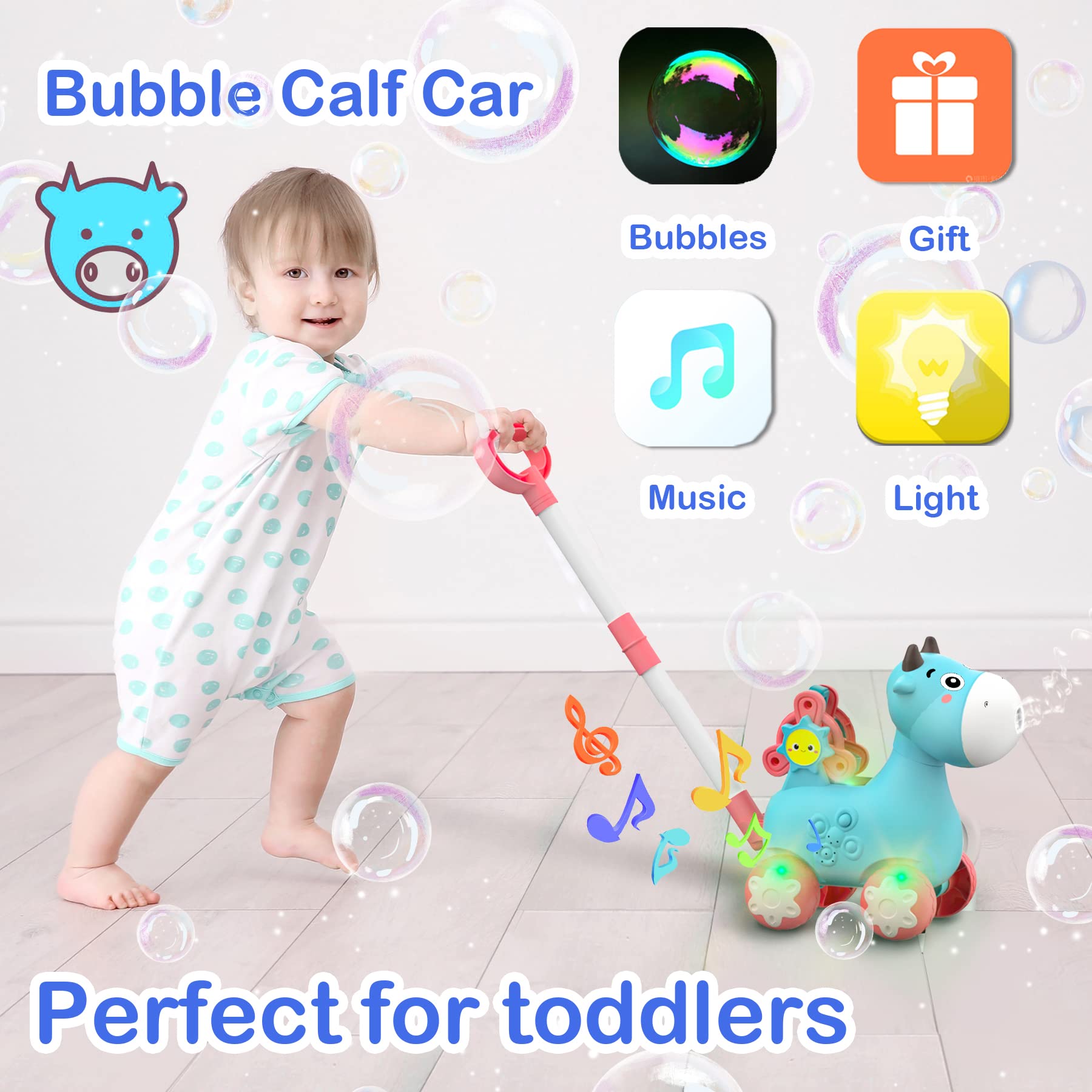 Bubble Machine for Kids Indoor Outdoor Toddler Toys - Girls Boys Birthday Electronic Bubble Blower Maker - Preschool Push Toys - Music & Light (2 Bubble Bottles / Blue)