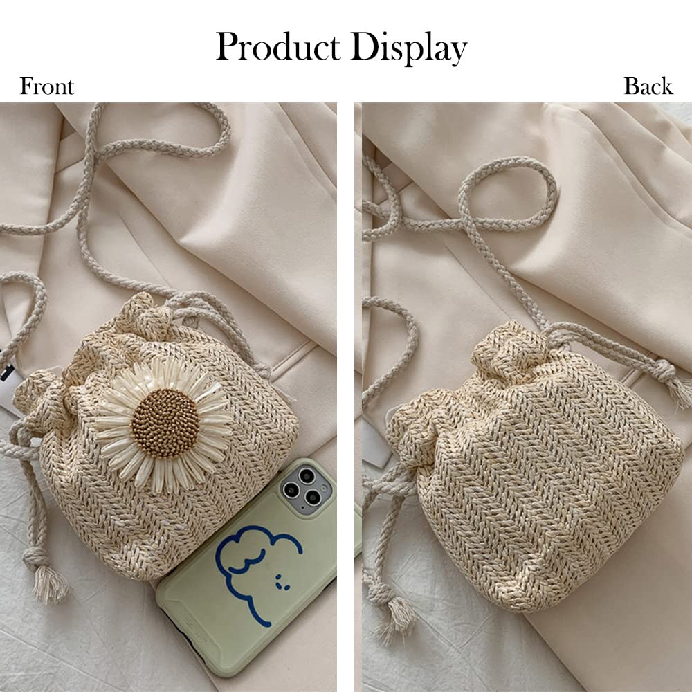 Summer Straw Coin Purses for Women Girls Cute Floral Drawstring Crossbody Bag for Beach Vacation(White)