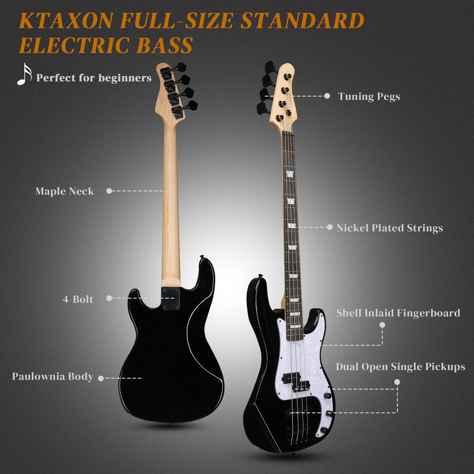 Ktaxon 4 String Electric Bass Guitar, PB-Style Full Size Standard Right Handed Beginner Kit with 20W AMP, Gig Bag, Strap, Upgrade Cable, Guitar Capo for Youths & Adults (Black)