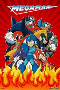 laminated mega man anime fire video game video gamer classic retro vintage 90s gaming megaman capcom legacy collection megaman 11 mega man x dr wily poster dry erase wall art 16x24