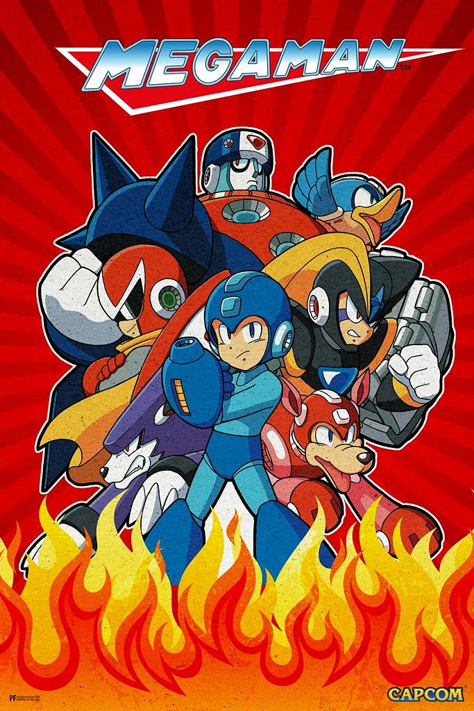 Laminated Mega Man Anime Fire Video Game Video Gamer Classic Retro Vintage 90s Gaming MegaMan Capcom Legacy Collection Megaman 11 Mega Man X Dr Wily Poster Dry Erase Wall Art 16x24