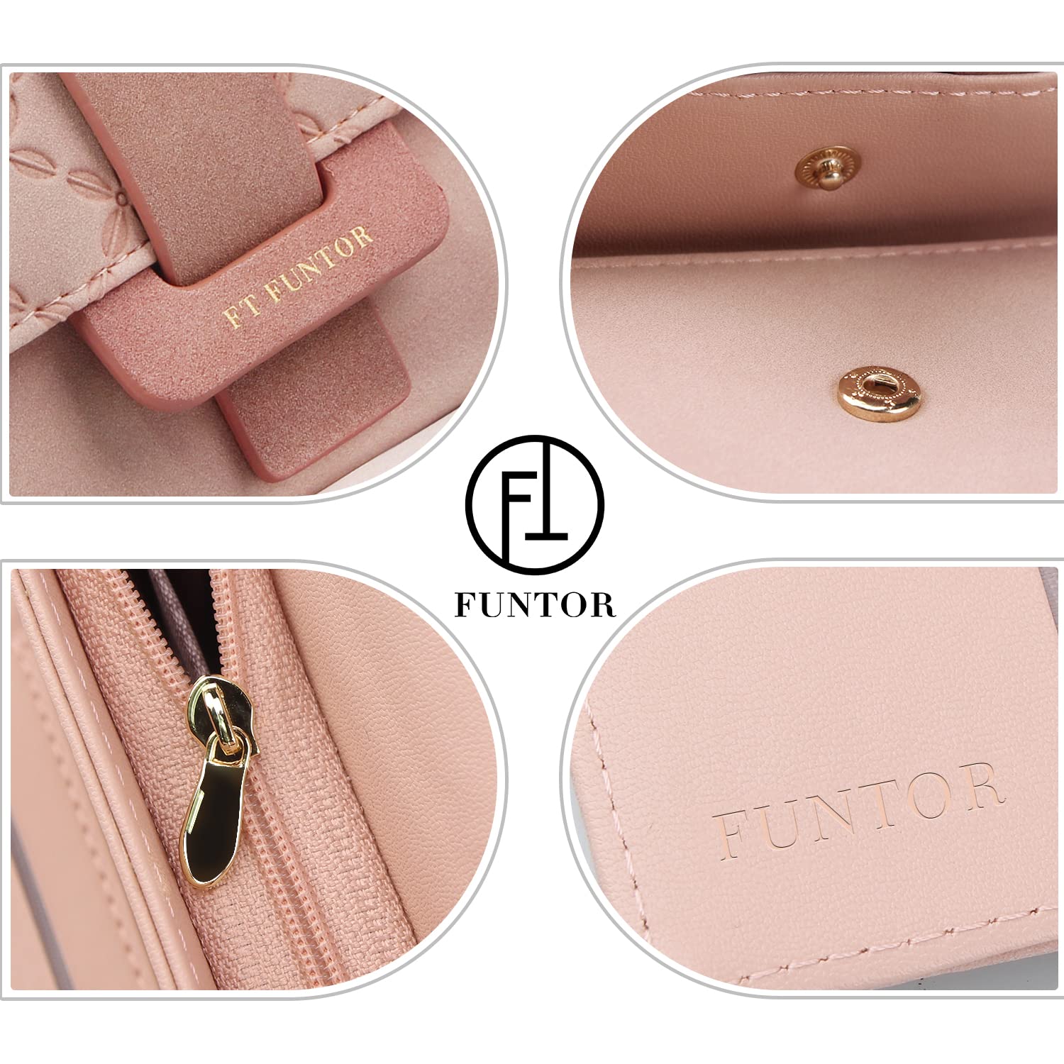 FT FUNTOR RFID Wallets for Women, Trifold Womens Wallet with Coin Zipper Pocket Vegan Leather Ladies Wallets Coins Zipper Pocket with ID Window Short (Blush pink)