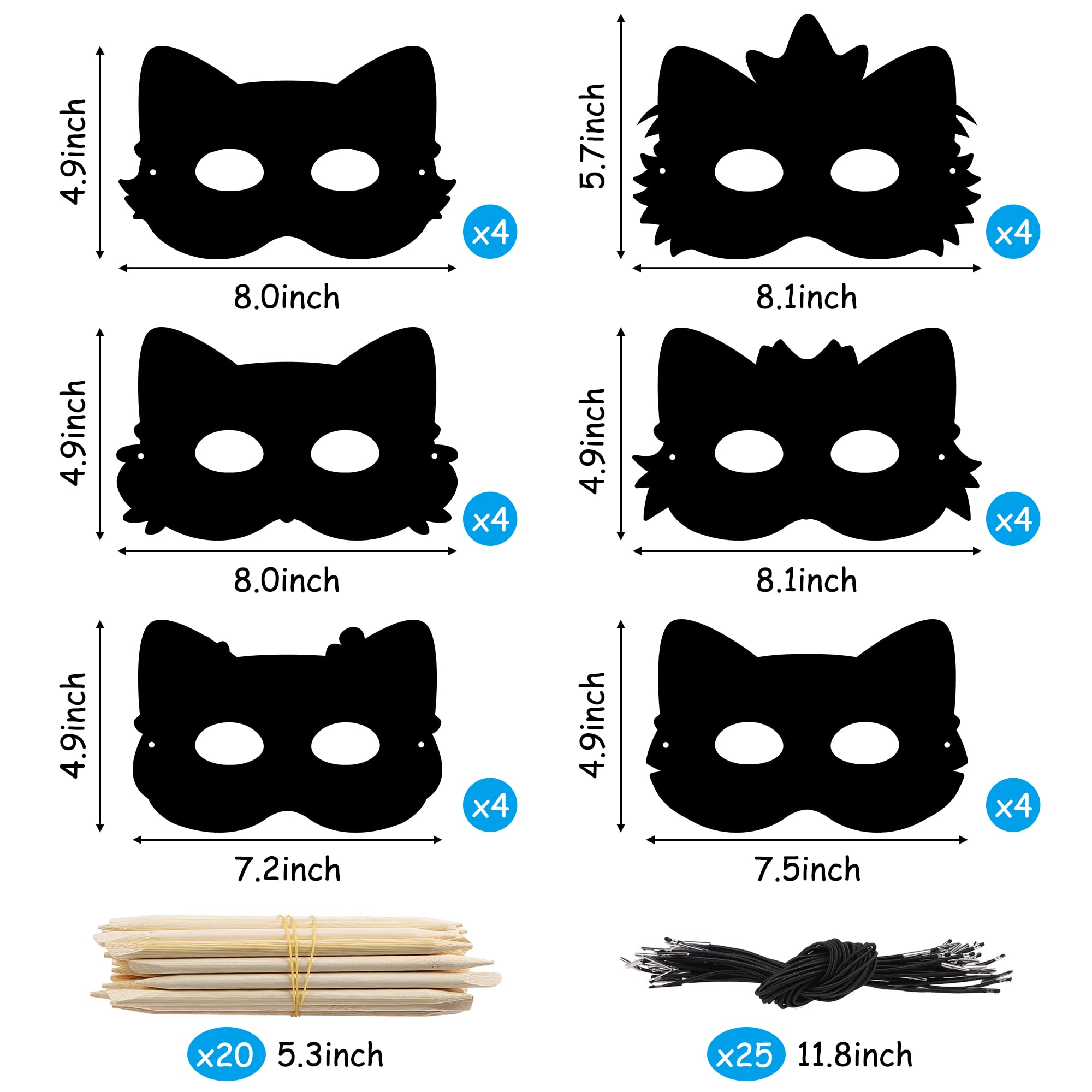 WATINC 24Pcs Cats DIY Scratch Masks, Animal Scratch Paper Mask Art Set for Kids Birthday Party Favors, Halloween Painting Craft Kits Cat Dress Up Costumes Coloring Activity for Boys Girls