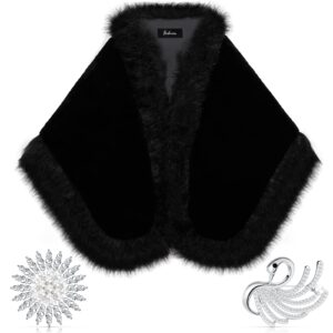 1920s Faux Fur Wrap Shawl Women's Fur Cloak Cape Shawl Luxury Bridal Faux Fur Cape Faux Fur Cloak, Pearl Rhinestone Brooches (Black)