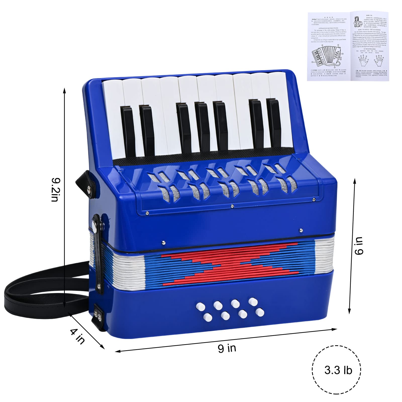 AIMEIS Accordion 17 Piano Keys 8 Bass Button Kids Accordian,Musical Instrument Mini Accordion (Blue)