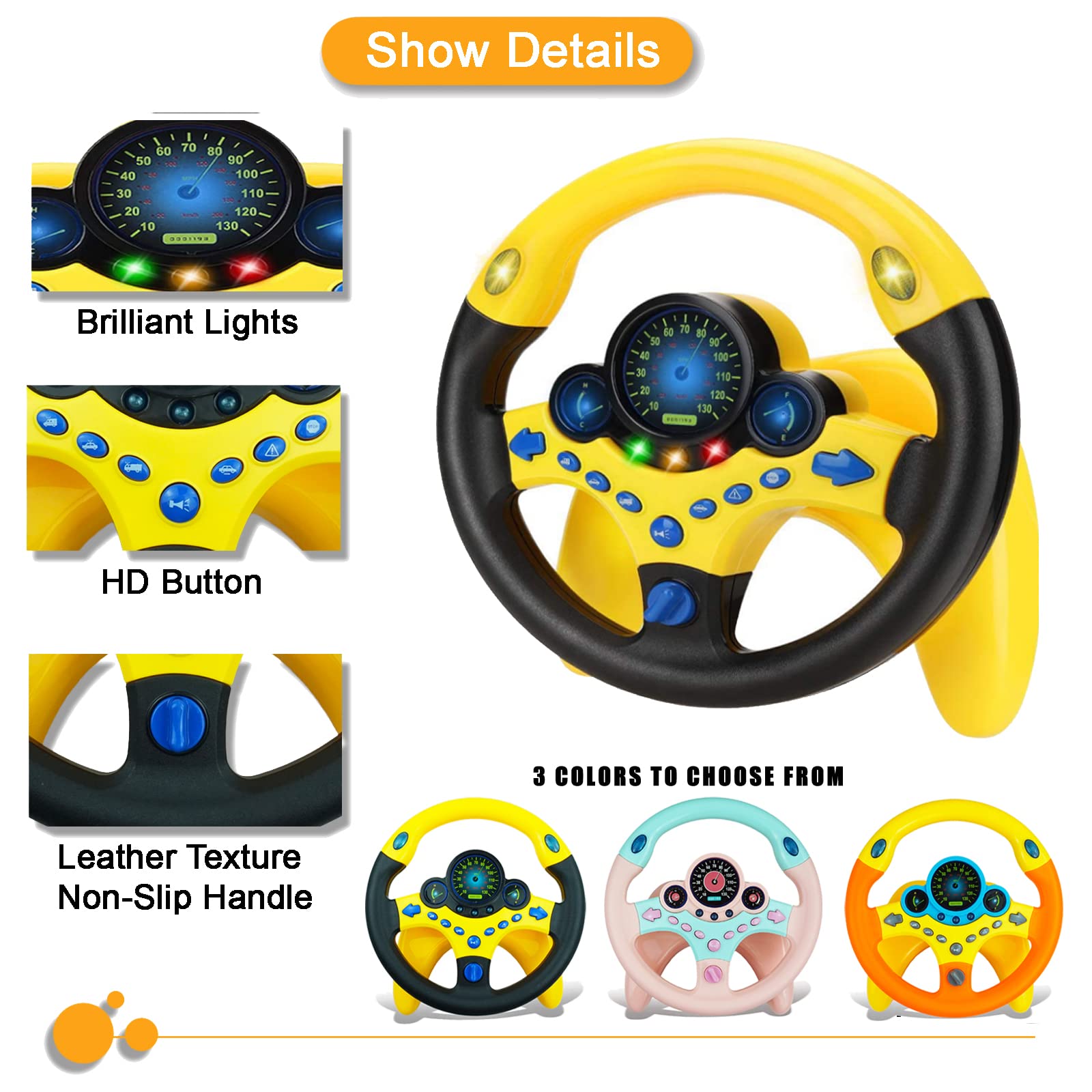 RedCrab Steering Wheel Car Driving Simulated Toy with Light and Music for Kids, Pretend Driving Seat Toys,Baby Electric Early Learning Educational Toys for Boys and Girls(Yellow)