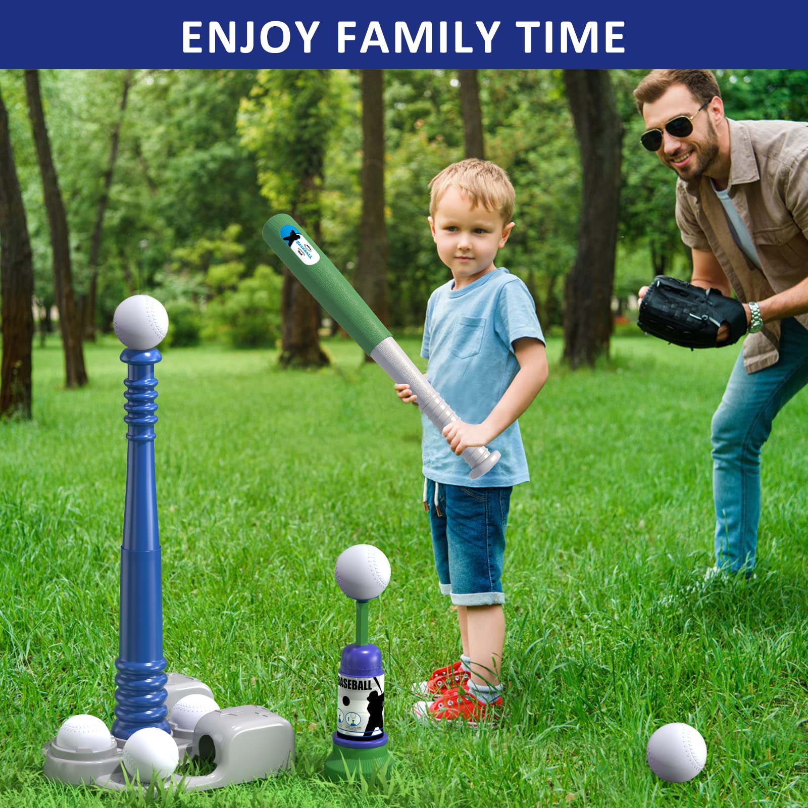 QDRAGON 2 in 1 T Ball Sets for Kids 3-5 5-8, Tee Ball Set with Automatic Pitching Machine/Adjustable Batting Bat & Stand/6 Balls, Baseball Toys Outdoor Sport for Toddlers Boys, Blue