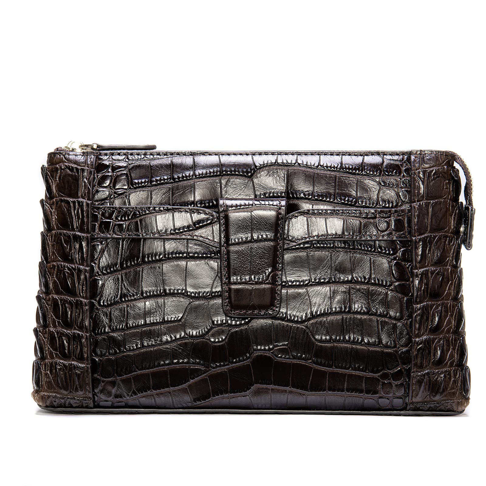 Crocodile Clutch Wallet for Men and Women, Luxury Leather Wristlet Handbag Hand Purse Large Checkbook Wallets Brown