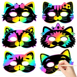 watinc 24pcs cats diy scratch masks, animal scratch paper mask art set for kids birthday party favors, halloween painting craft kits cat dress up costumes coloring activity for boys girls