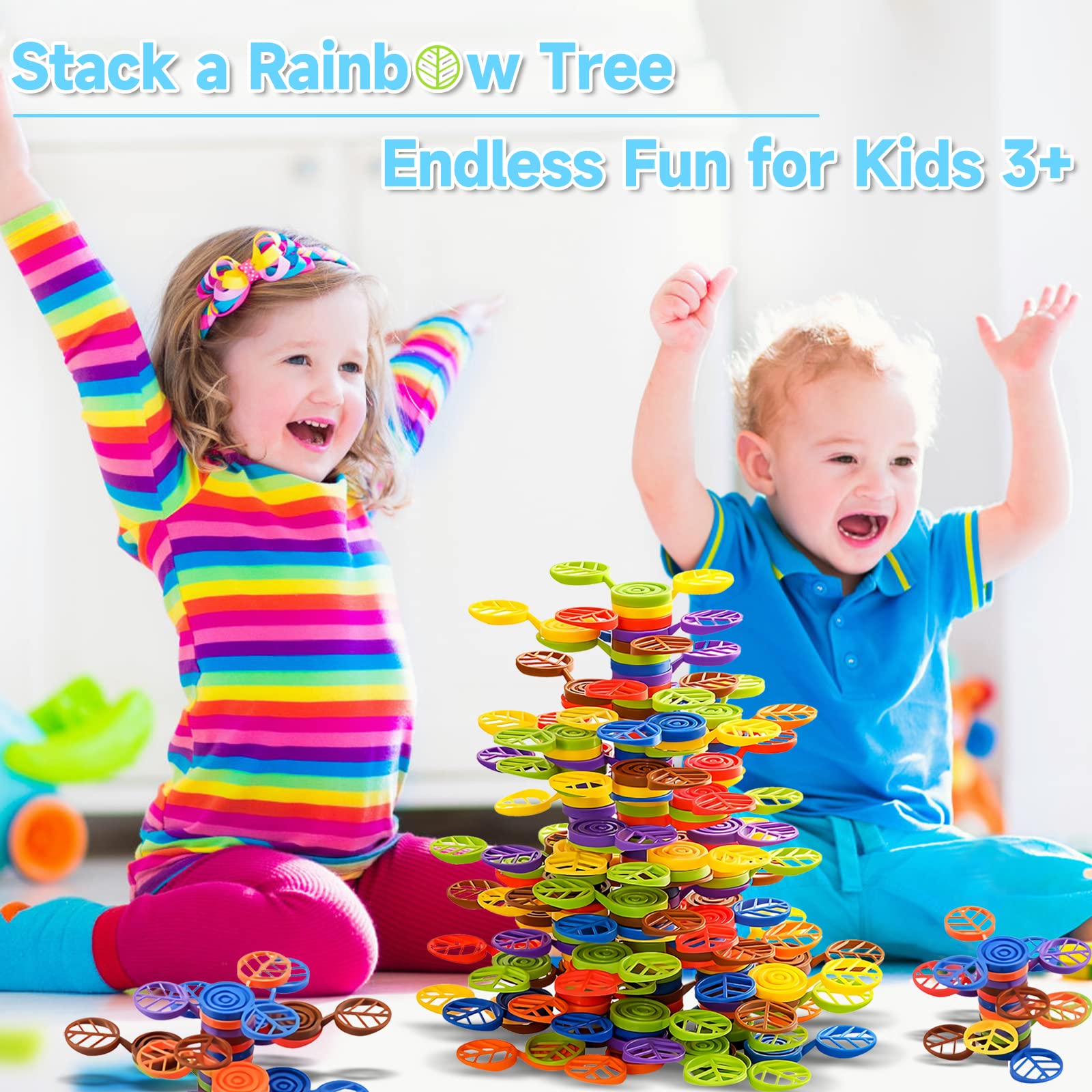 Stack-a-Rainbow-Tree Plastic Stacking Blocks 70 Piece, Balance Game Building Toys for Kids Ages 3-8, Preschool Kindergarten Educational Montessori Toys for 3 4 5 6+ Year Old Boys Girls Birthday Gifts