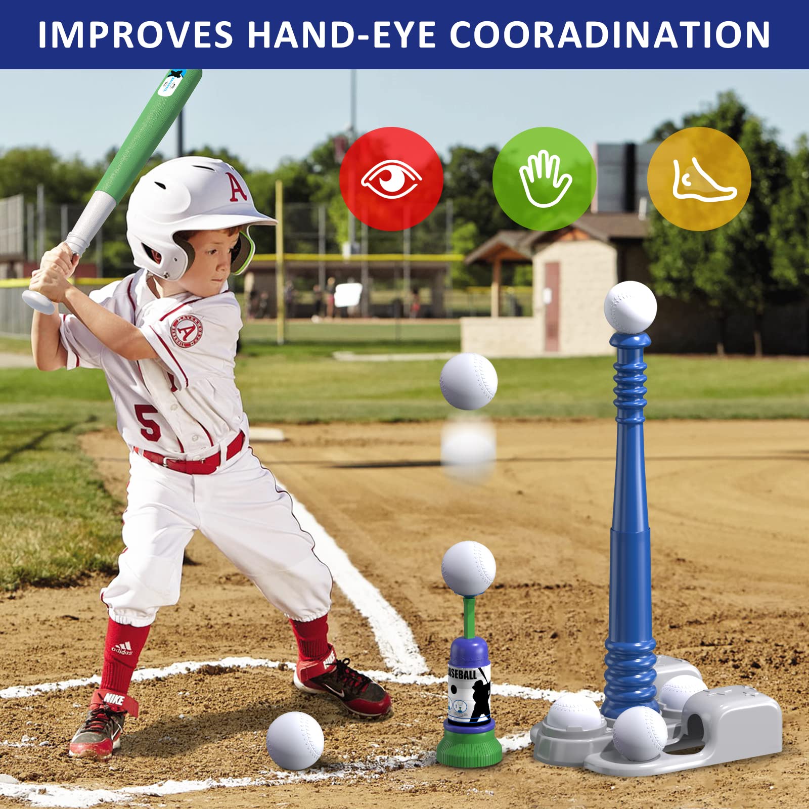 QDRAGON 2 in 1 T Ball Sets for Kids 3-5 5-8, Tee Ball Set with Automatic Pitching Machine/Adjustable Batting Bat & Stand/6 Balls, Baseball Toys Outdoor Sport for Toddlers Boys, Blue