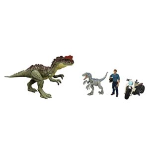 jurassic world dominion 3 pack figures & dinosaurs, owen grady motorcycle yangchuanosaurus & blue, helmet & tranquilizer, ages 4 years & up, multicolor (hlp79)