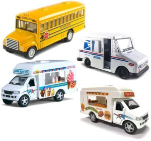 funstuff diecast toy trucks set of 4 | ice cream truck, school bus, mail truck, food truck | pullback truck toys for boys and girls and detailed interior