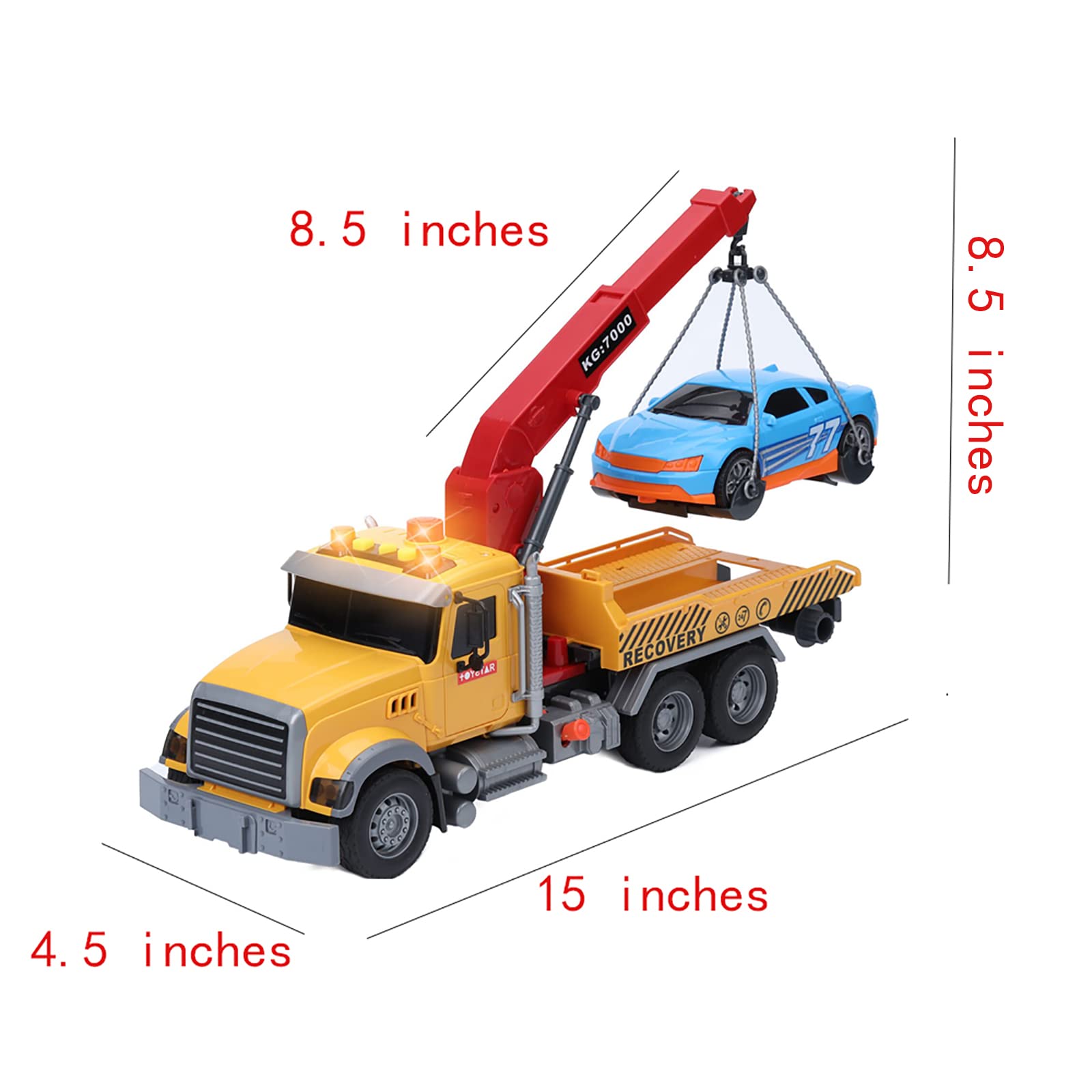 IYEAM 15" Tow Truck Toy with Hooks and Car for Kids Boys Girls Friction Powered Truck Toy with Sound and Lights