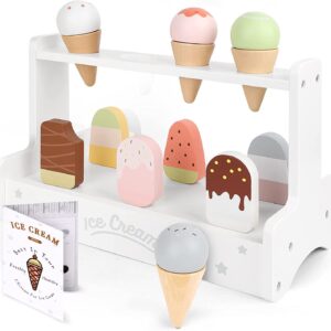 WHOHOLL Ice Cream Toddler Girl Toys, Wooden Serve Ice Cream Counter Playset, Pretend Play Food Toy with Menu for Kids Ages 3+, Girls Boys Montessori Popsicle Toy