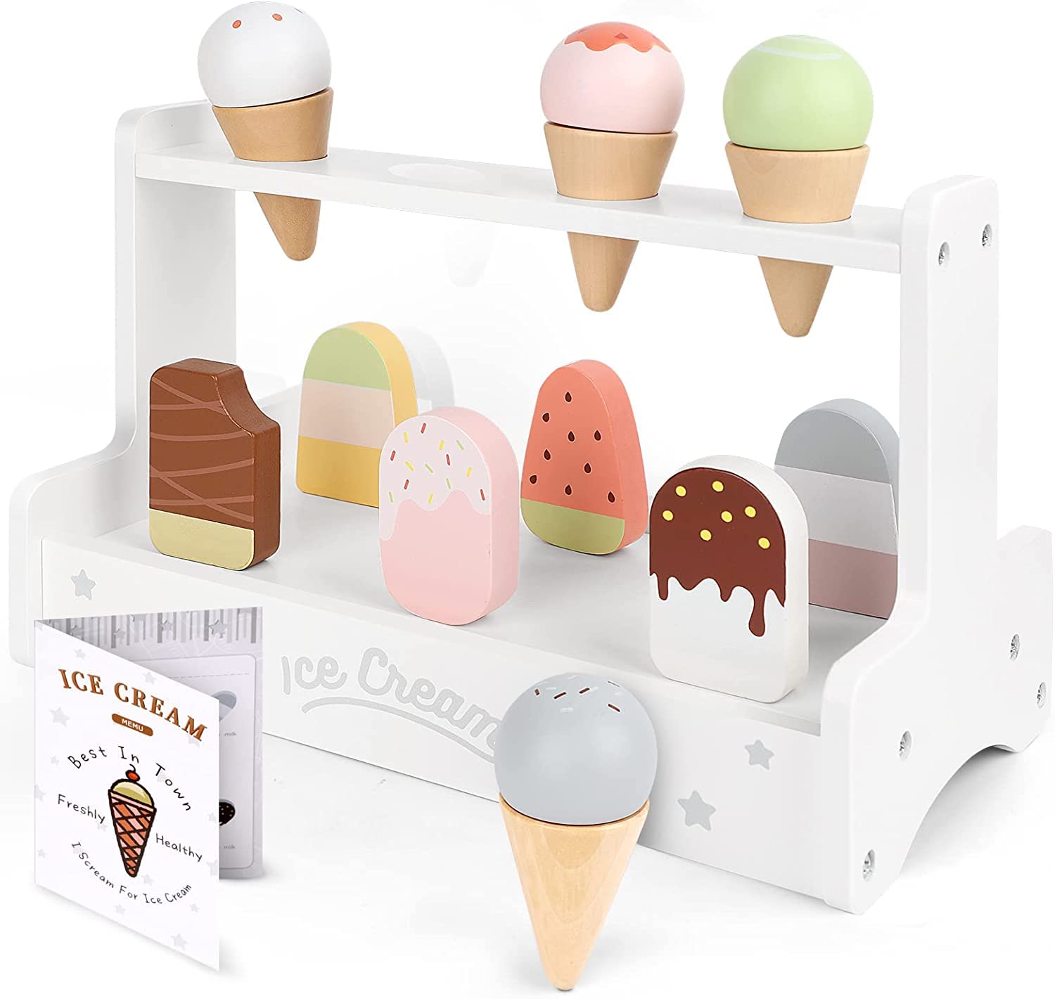 WHOHOLL Ice Cream Toddler Girl Toys, Wooden Serve Ice Cream Counter Playset, Pretend Play Food Toy with Menu for Kids Ages 3+, Girls Boys Montessori Popsicle Toy