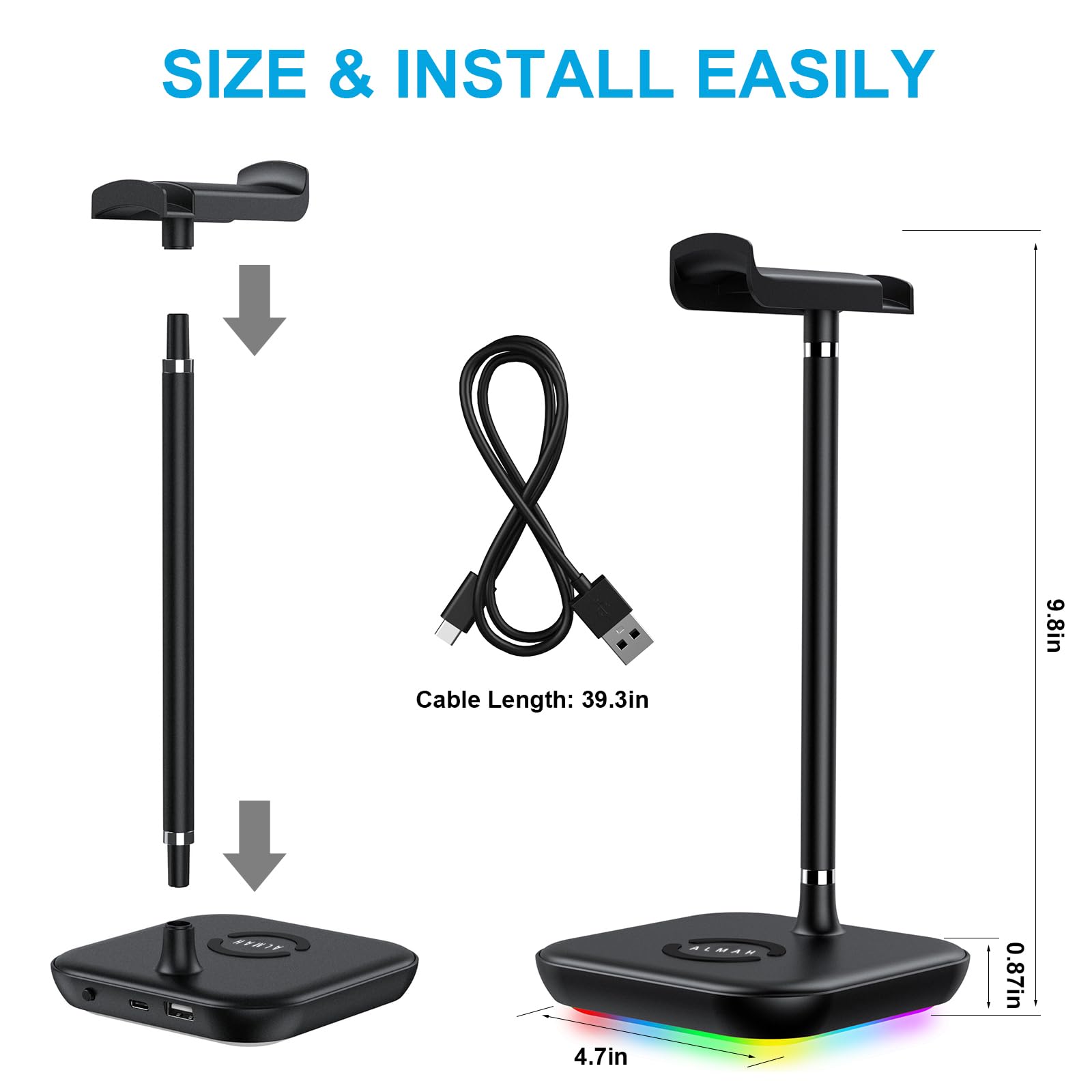 ALMAH RGB Gaming Headphone Headset Stand for Desk, PC Gaming Accessories, Headphone Headset Holder with 1 USB Charging Port, Suitable for All Earphone Accessories as Boyfriend, Son, Husband Gifts