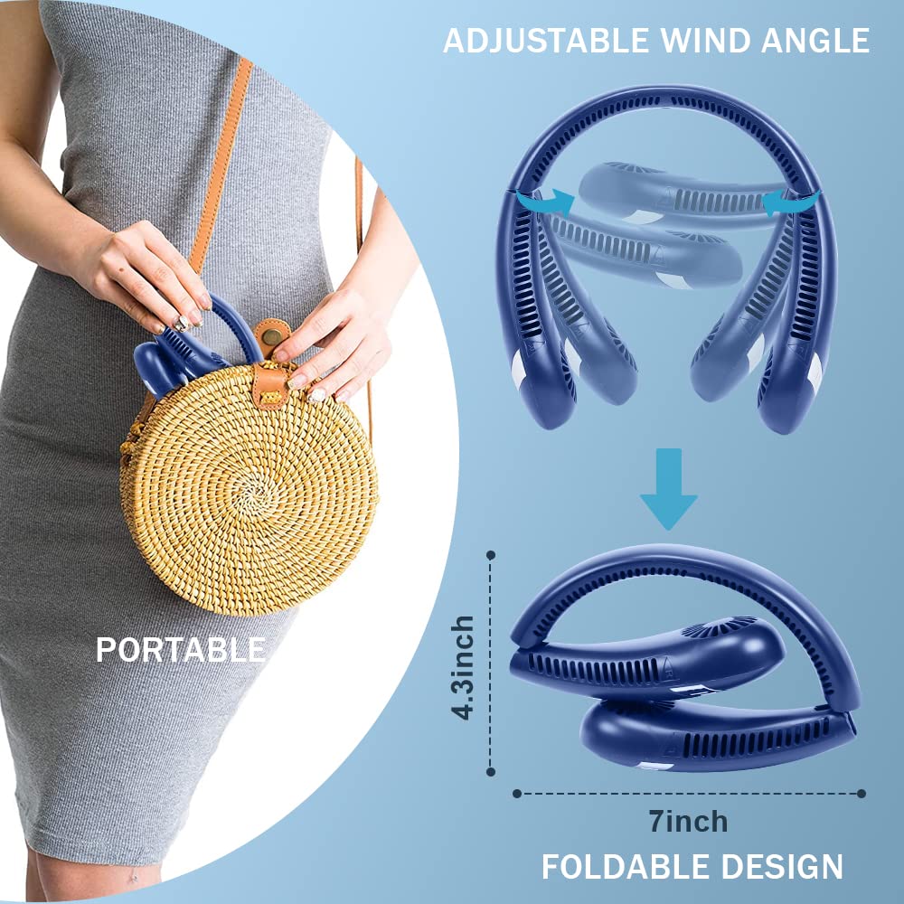 JUTYAST Portable Bladeless Neck Fan, 5000mah Foldable Personal Neck Fans, Rechargeble Hands Free Wearable Fan, Battery Operated Hanging Neckband Fan for Outdoors Women Kids