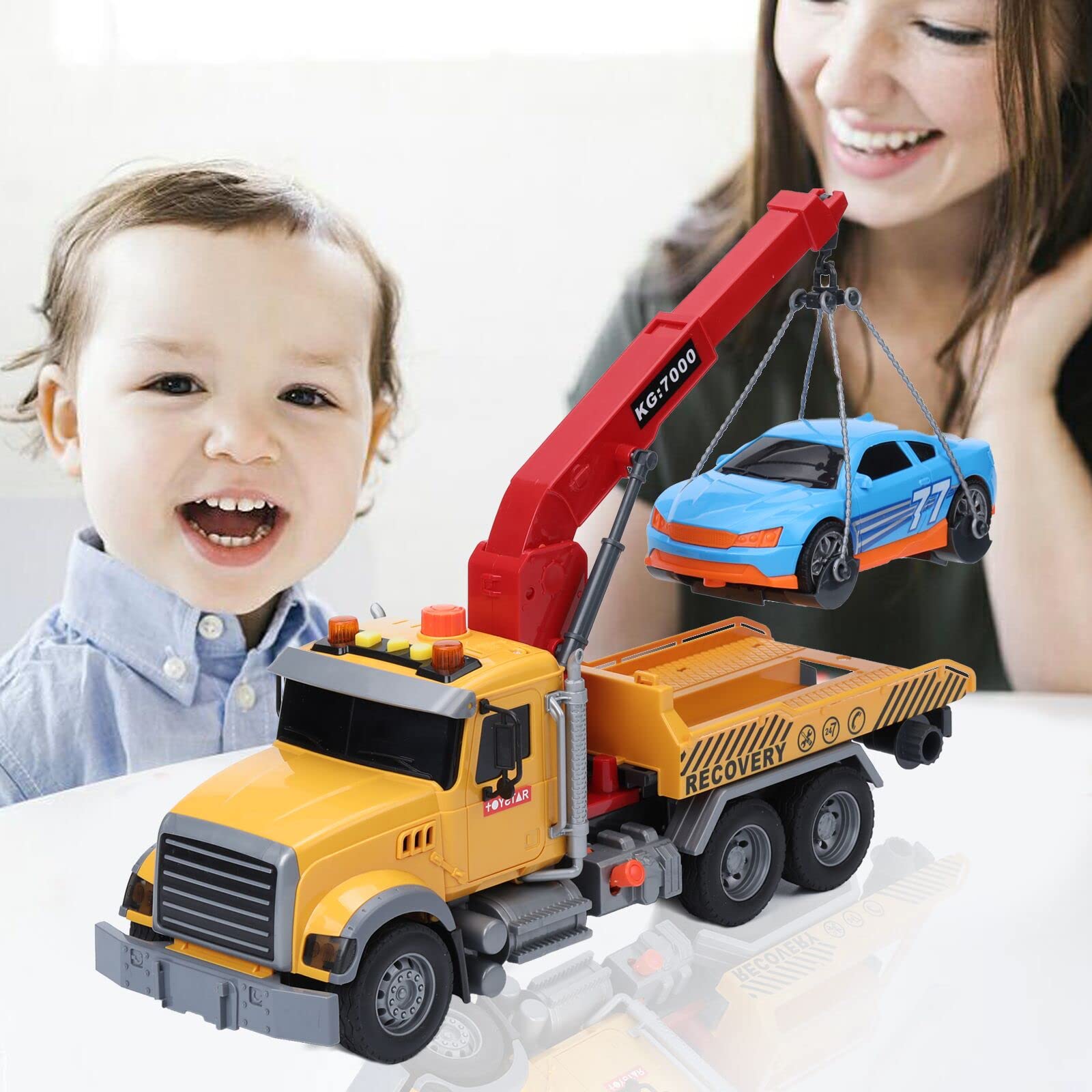 IYEAM 15" Tow Truck Toy with Hooks and Car for Kids Boys Girls Friction Powered Truck Toy with Sound and Lights