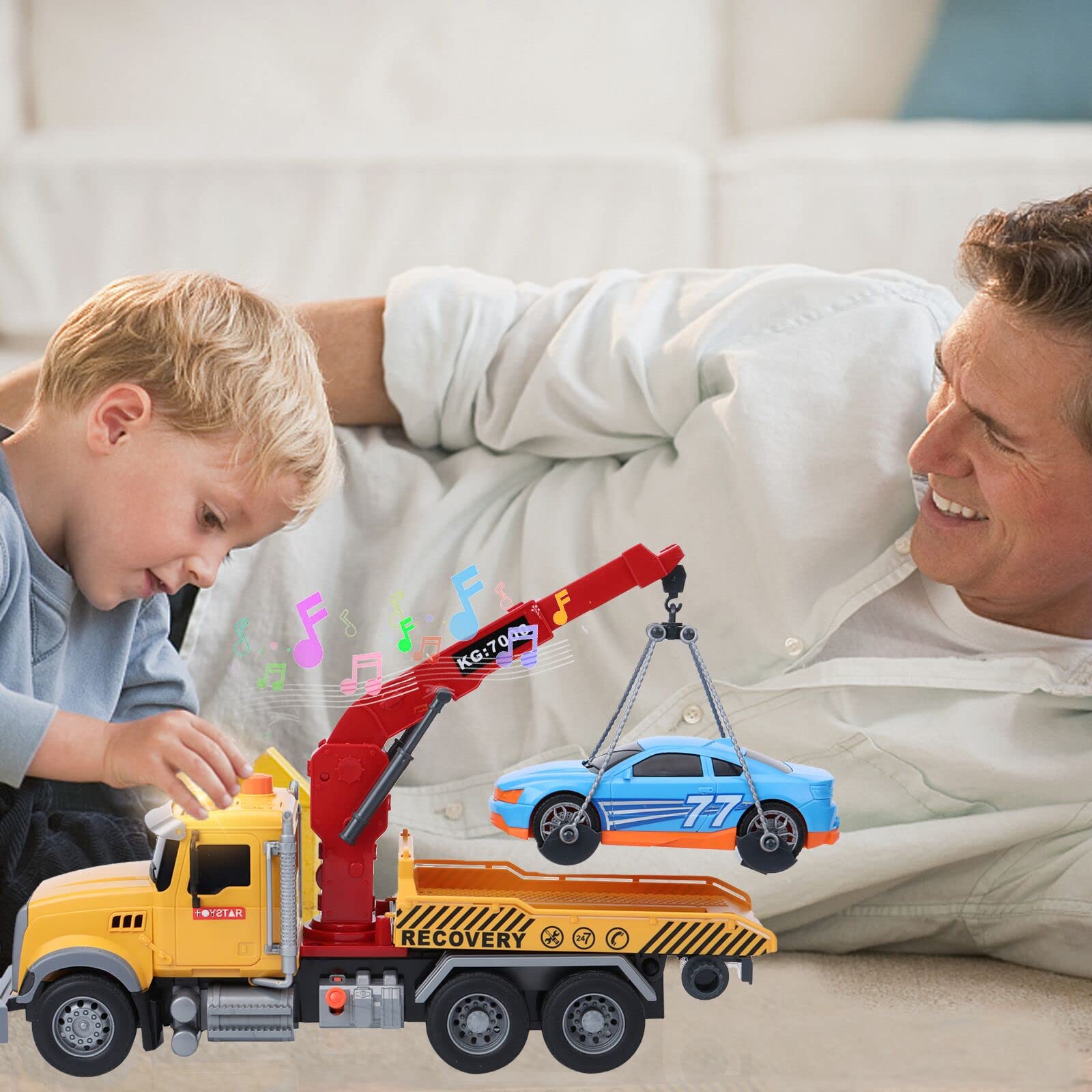 IYEAM 15" Tow Truck Toy with Hooks and Car for Kids Boys Girls Friction Powered Truck Toy with Sound and Lights