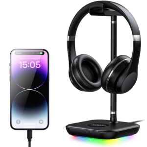 almah rgb gaming headphone headset stand for desk, pc gaming accessories, headphone headset holder with 1 usb charging port, suitable for all earphone accessories as boyfriend, son, husband gifts