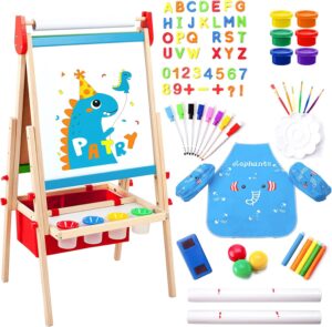 kids easel including 100+ accessories, double sided wooden easel for kids - magnetic chalkboard & painting board & 2 paper rolls, art easel supplies for toddlers 3-8 height adjustable