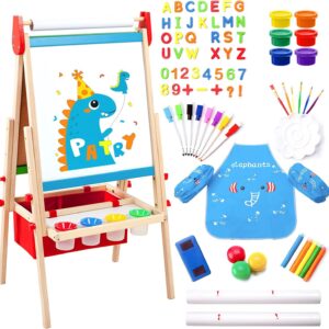 Kids Easel Including 100+ Accessories, Double Sided Wooden Easel for Kids - Magnetic Chalkboard & Painting Board & 2 Paper Rolls, Art Easel Supplies for Toddlers 3-8 Height Adjustable