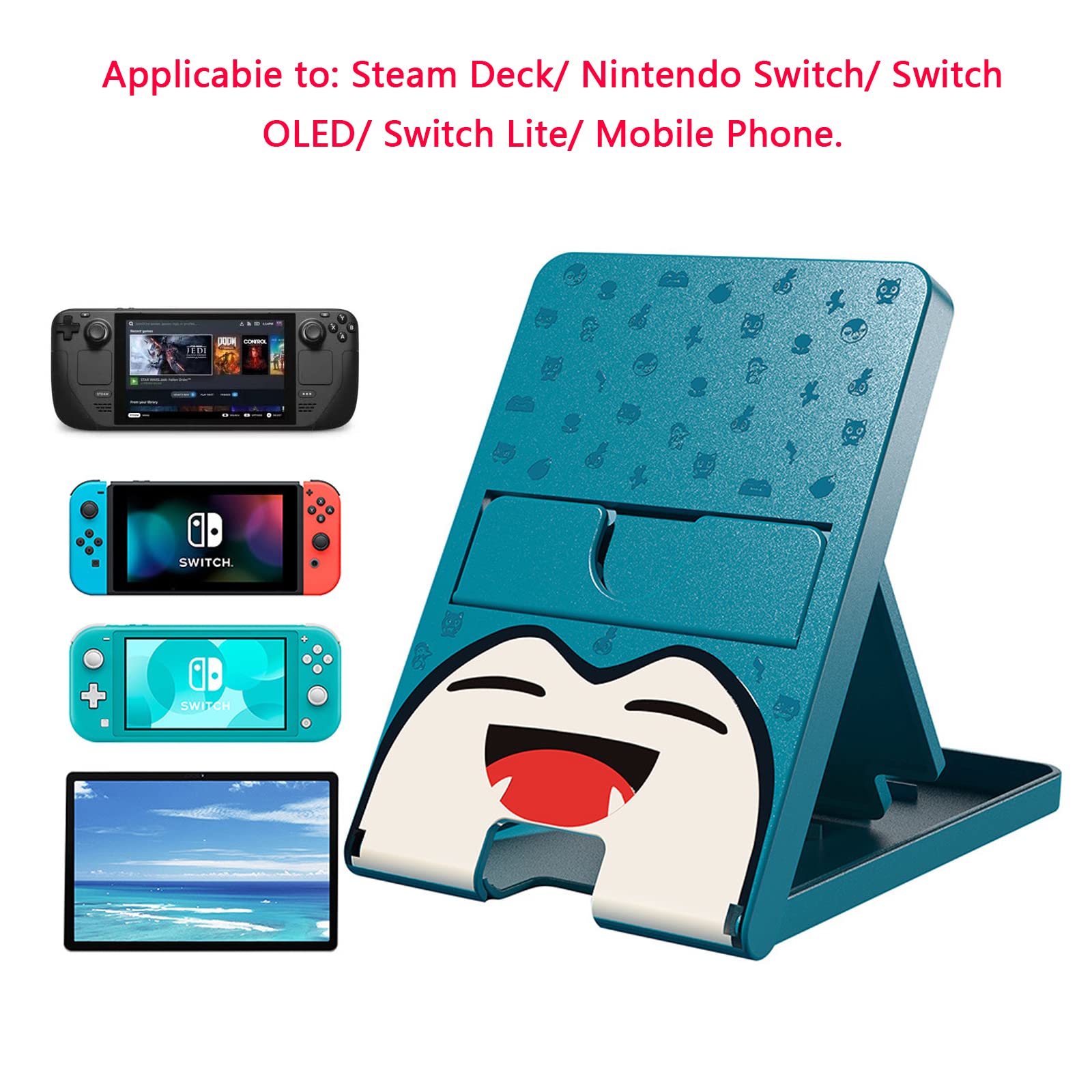 Busjoy Switch Stand Compatible with Nintendo Switch, Switch OLED, Steam Deck, Switch Lite, Cute Game Theme for Pokemon, Compact Portable Foldable Angle Switch Holder Non-Slip Bracket-Blue