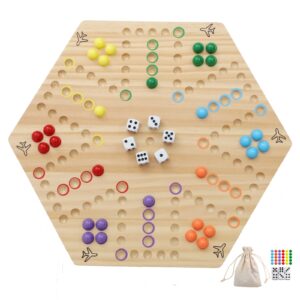 HOROW Wahoo Board Game Wooden Original Aggravation Board Game Classic 2 Side Painted Fast Track Game for 4 Player and 6 Player with 30 Marbles,12 Dices for Family Game Night(Small,Log)