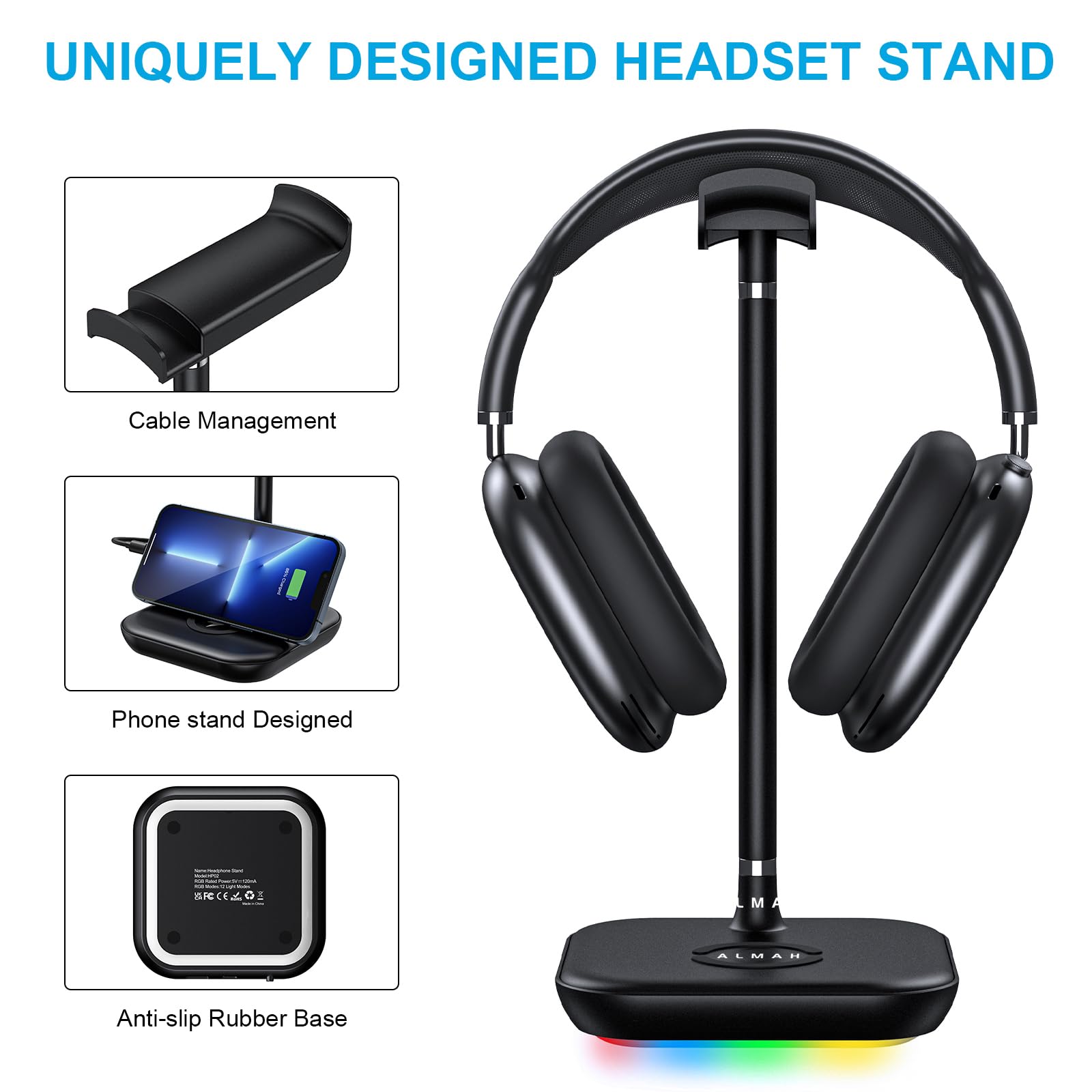 ALMAH RGB Gaming Headphone Headset Stand for Desk, PC Gaming Accessories, Headphone Headset Holder with 1 USB Charging Port, Suitable for All Earphone Accessories as Boyfriend, Son, Husband Gifts