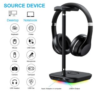 ALMAH RGB Gaming Headphone Headset Stand for Desk, PC Gaming Accessories, Headphone Headset Holder with 1 USB Charging Port, Suitable for All Earphone Accessories as Boyfriend, Son, Husband Gifts