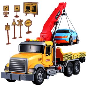 iyeam 15" tow truck toy with hooks and car for kids boys girls friction powered truck toy with sound and lights