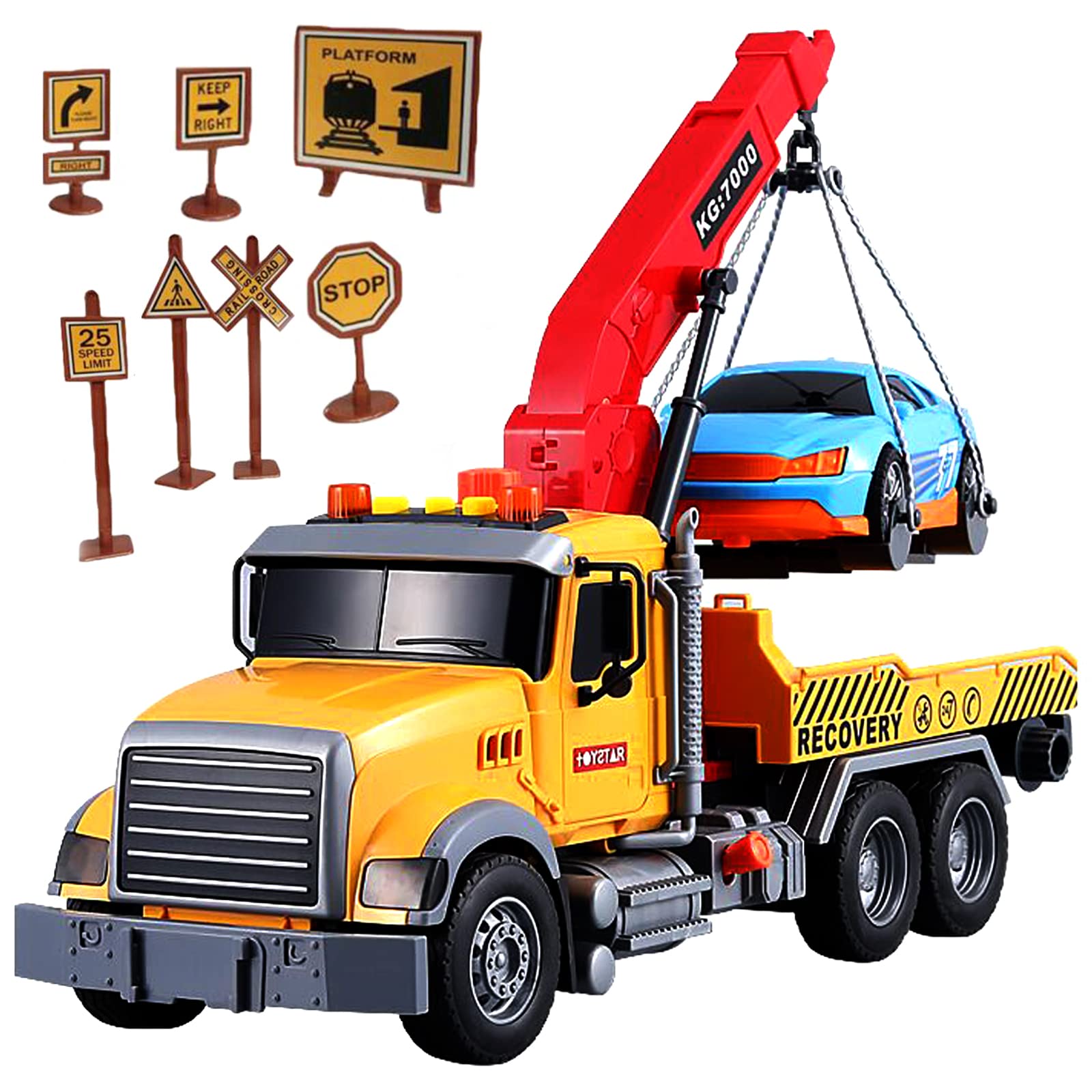 IYEAM 15" Tow Truck Toy with Hooks and Car for Kids Boys Girls Friction Powered Truck Toy with Sound and Lights