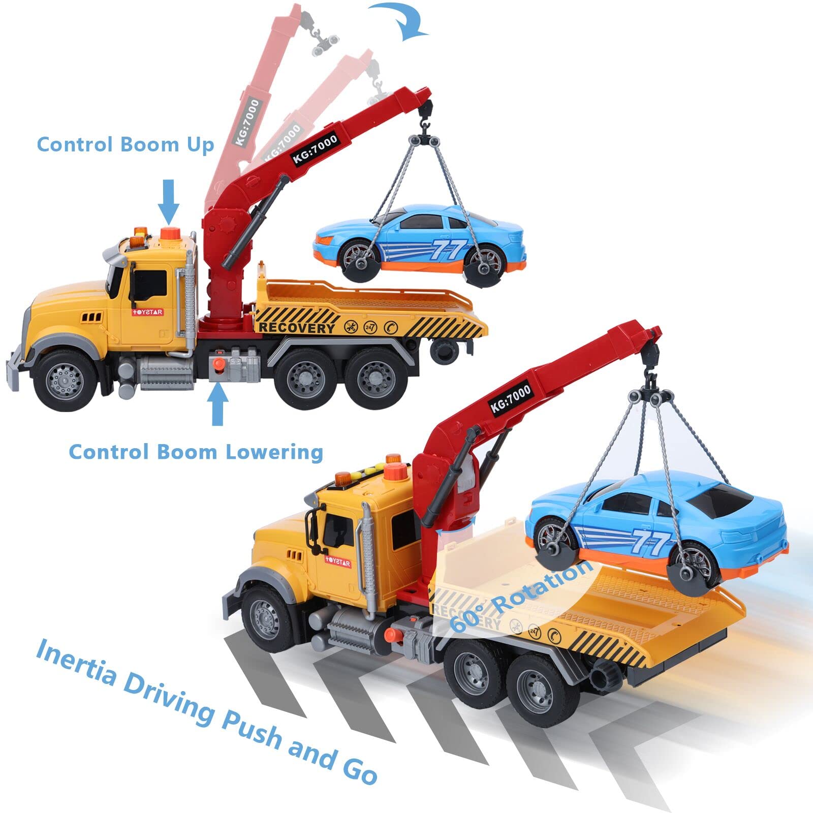 IYEAM 15" Tow Truck Toy with Hooks and Car for Kids Boys Girls Friction Powered Truck Toy with Sound and Lights