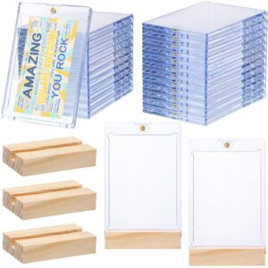 Magnetic Trading Card Holder with Wooden Base Stands 35 PT Clear Card Holder Magnet Card Display Case Cards Protector for Sports Game Cards Baseball Cards (12 Pcs)