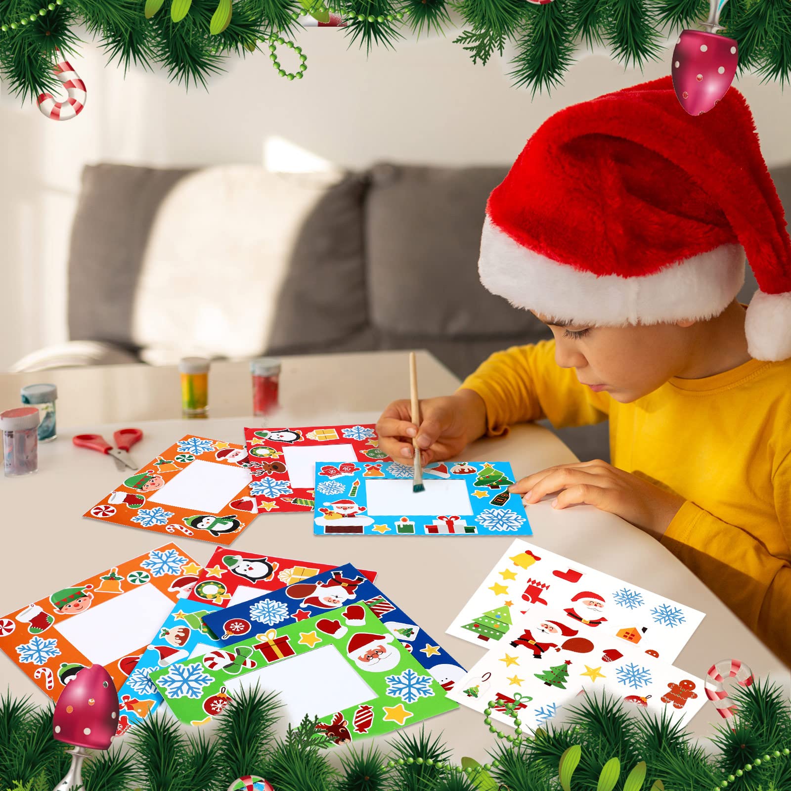 24 Packs Christmas Crafts for Kids Holiday Picture Frame DIY Craft Kits with 330 Stickers Gingerbread Santa Reindeer Snow Stickers Xmas Art Favor for Children Home Classroom Party Game Activity