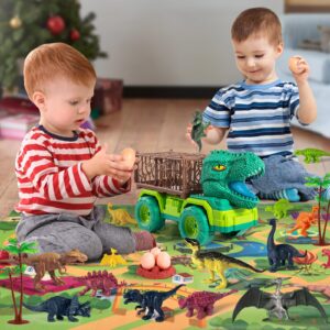 TEMI 25 in 1 Tyrannosaurus Rex Dinosaur Carrier Truck Set, Toddler Dinosaur Transport Car Toys for Kids 3-5 with Play Mat, 18 Dino Figures, Eggs, Capture Dinosaurs Playset for 3 4 5 6 7+ Year Old