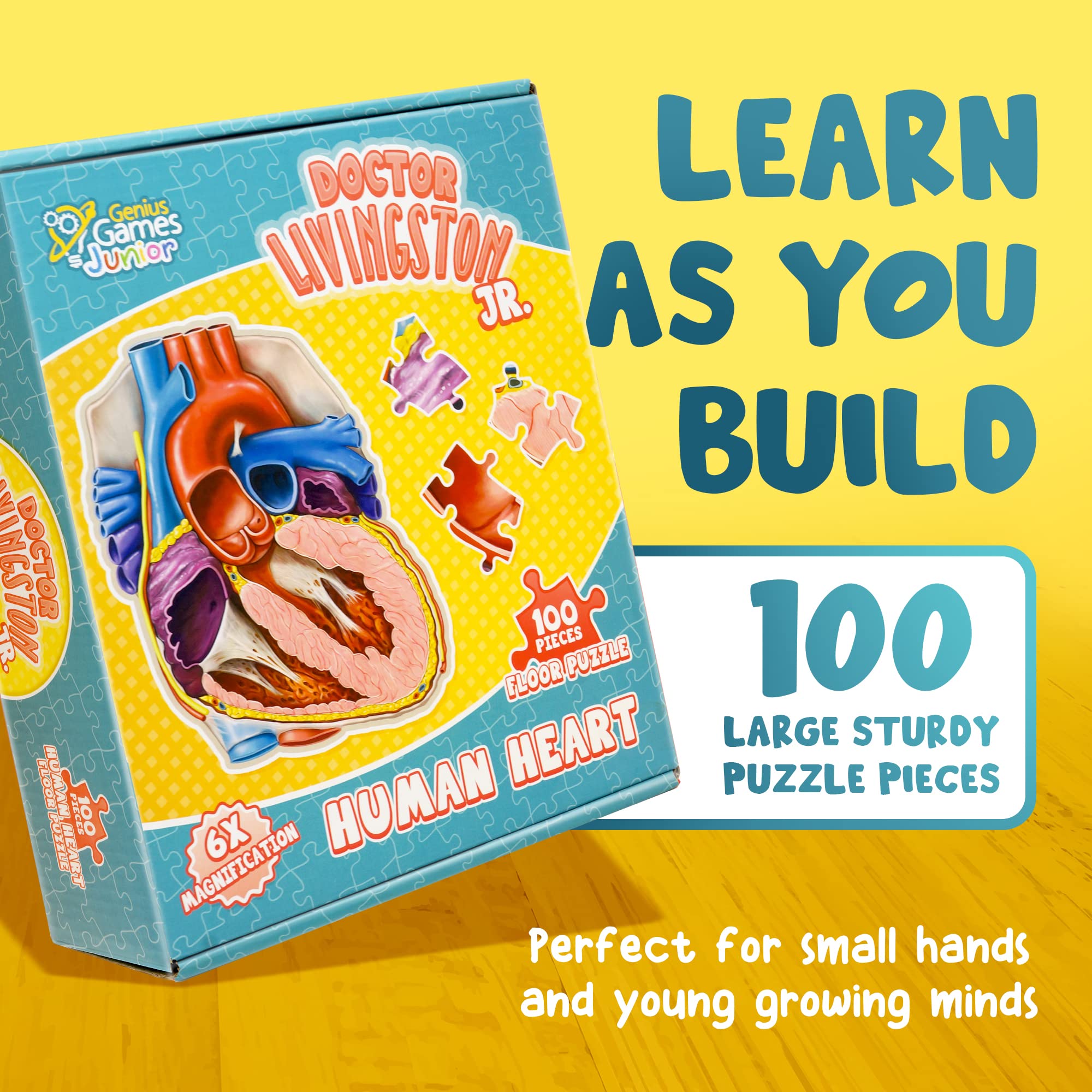 Human Heart Anatomy Floor Puzzle — Genius Games Doctor Livingston Jr Anatomy Toy - Kids Puzzles & Science Toys - Human Heart Anatomy Model - 100 Piece Jigsaw Puzzles for Kids, Toddlers, Teens