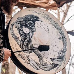 Firlar Shaman Drum, 10 Inch Crow Pattern Handmade Shaman Drum With Drum Stick, Spiritual Instrument, Exquisite Look, Siberian Drum Spirit Music Symbol, Sound Healer Shaman Drum white