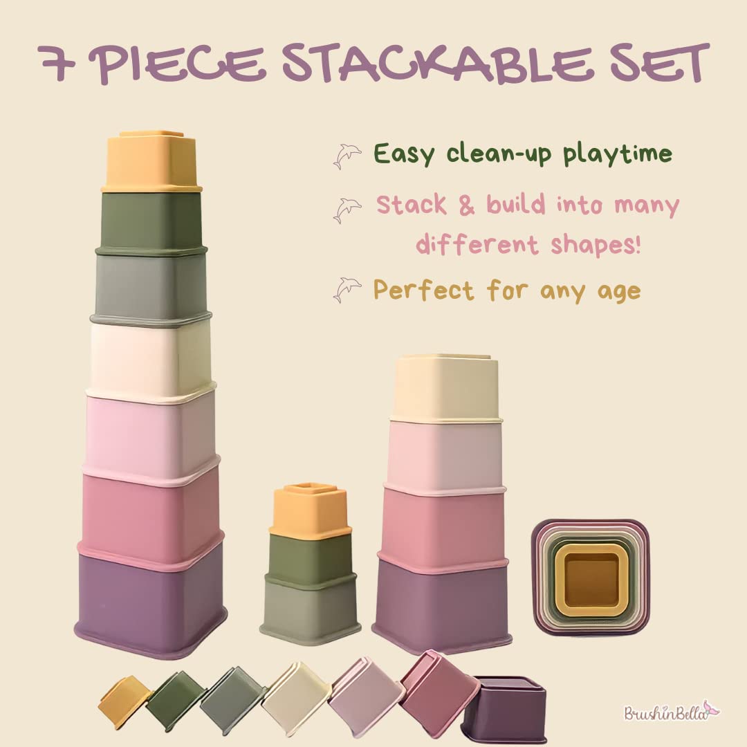 BrushinBella Silicone Stackable Toys - Montessori Silicone Toys - Toddler Stackable Montessori Toys - Dishwasher-Safe Educational Toys - Toddler Silicone Toys – Sensory Heart Toys – 7 Layers