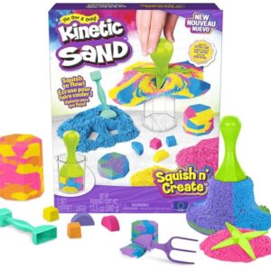 Kinetic Sand, Squish N’ Create Playset, with 13.5oz of Blue, Yellow, and Pink Play Sand, 5 Tools, Sensory Toys for Kids Ages 3 and Up