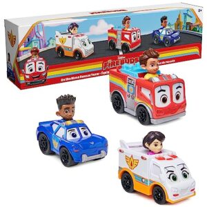 disney junior firebuds, on the move rescue team, 3 pk diecast metal toy car: firetruck, ambulance, and police car kids toys for boys and girls ages 3+