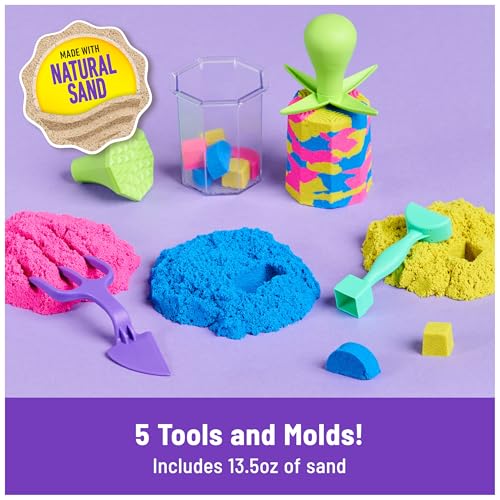 Kinetic Sand, Squish N’ Create Playset, with 13.5oz of Blue, Yellow, and Pink Play Sand, 5 Tools, Sensory Toys for Kids Ages 3 and Up