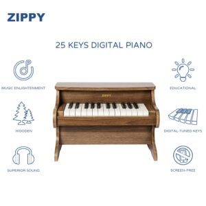 ZIPPY Kids Piano Keyboard, 25 Keys Digital Piano for Kids, Mini Music Educational Instrument Toy, Wood Piano for Toddlers Girls Boys, Walnut