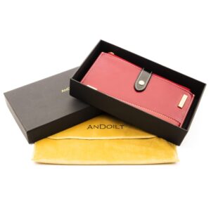 ANDOILT Wallet Women Men RFID Blocking Genuine Leather Bifold Multi Card Organizer Wristlet Purse with Zipper Pocket Cell Phone Handbag Red